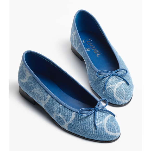 Chanel 23B Printed Denim Blue White CC Logo Bow Tie Ballet Ballerina Flat 39.5 - Picture 3 of 12